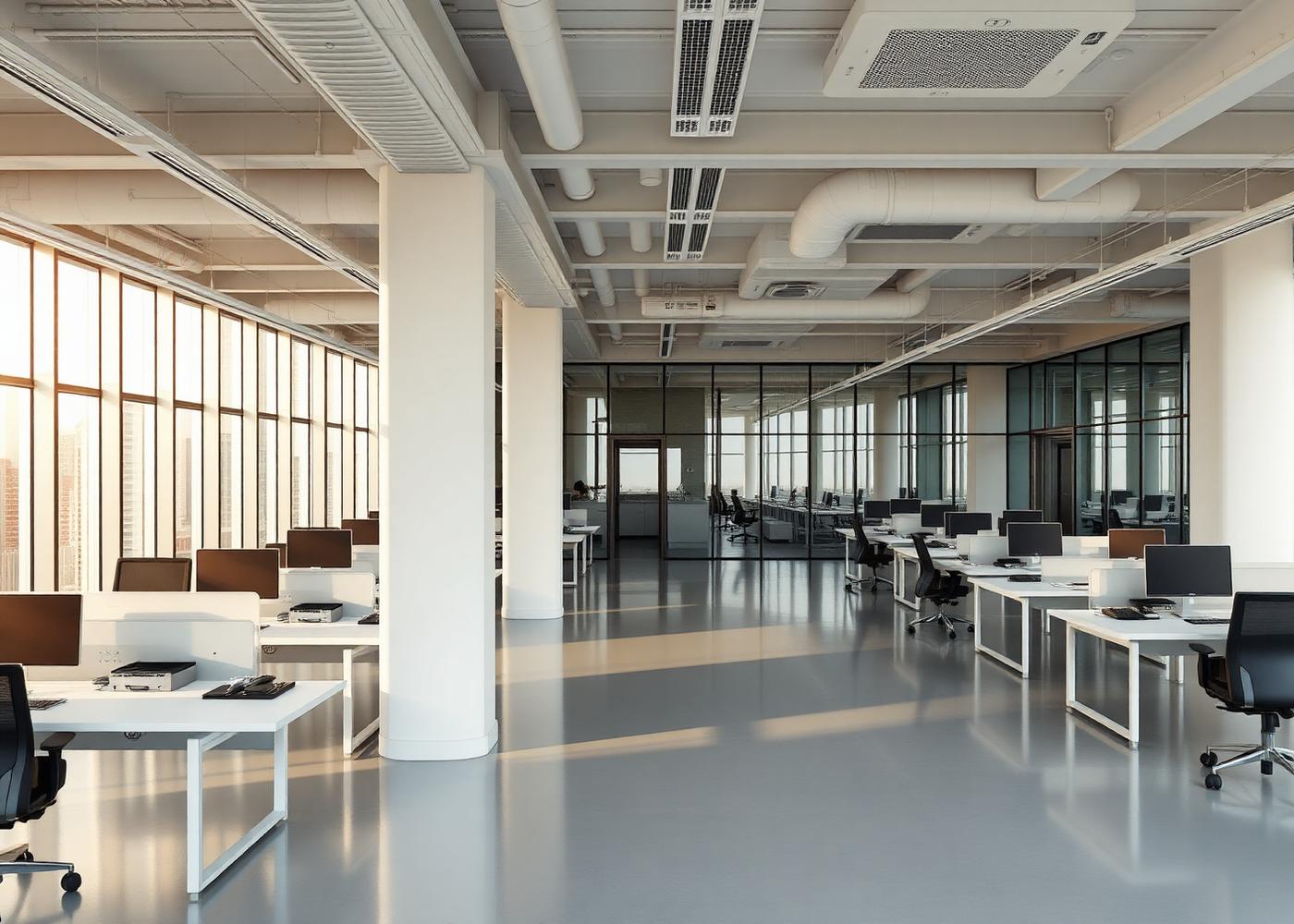 Pristine modern open plan office with tidy desks and glass partitions